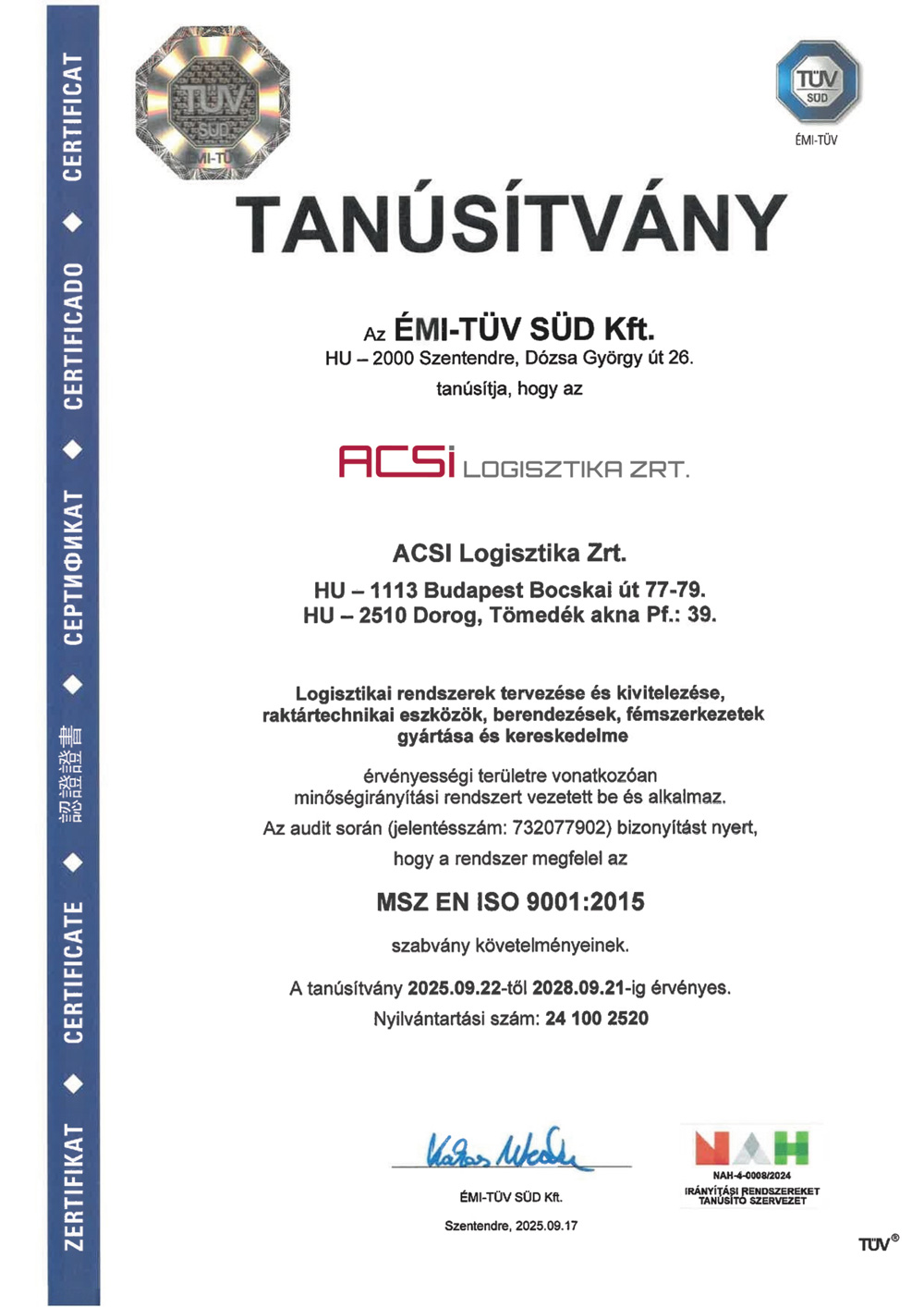 MSZ EN ISO 9001:2015 MSZ EN ISO 9001:2015